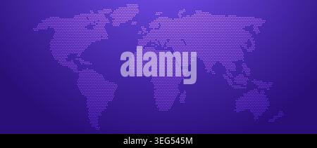 Purple glowing dotted world map concept. Abstract neon dot globe worldmap for poster, banner, brochure, booklet, presentation. Halftone continent infographics wallpaper. Vector illustration Stock Vector