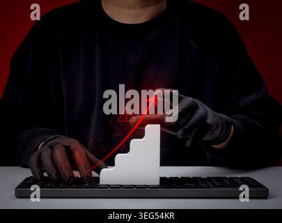 Cybercrime growth concept with hacker or scammer pointing at rising chart while using computer, showing increasing online scam risk, digital fraud tre Stock Photo
