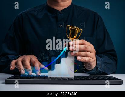 Data driven business growth concept with person holding trophy and rising chart. AI powered success, KPI achievement, performance optimization and dig Stock Photo