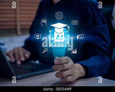 Artificial intelligence in education concept with smart learning interface and digital icons. Edtech innovation, online learning systems, knowledge de Stock Photo