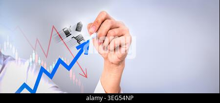 Business hand drawing rising market arrow against declining economic chart representing stagflation. Concept of inflation crisis, economic slowdown, r Stock Photo