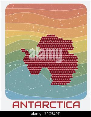 Antarctica vintage logo. Hexagon dots shape of the continent on retro colored stripe waves background. Stock Vector