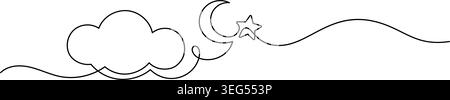 starry night sky sweet dream one line drawing continuous minimalism. cloud and moon star thin line illustration Stock Vector