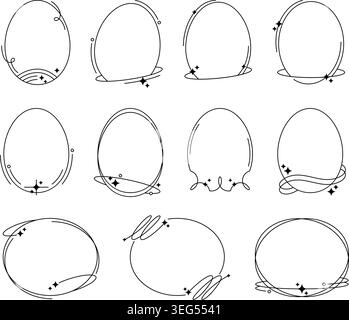 minimalist aesthetic frame border oval ellipse shape with stars sparkle element y2k retro style Stock Vector