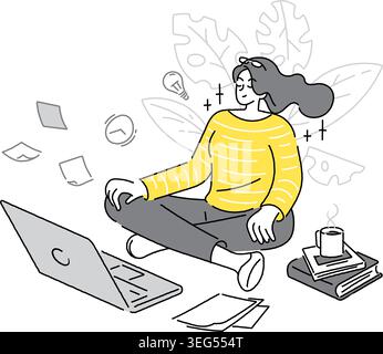 serene woman character meditating in lotus pose start a new working day wellness workplace concept roughen outline illustration Stock Vector