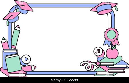 graduation and school supplies frame border coloring flat illustration graduate concept Stock Vector