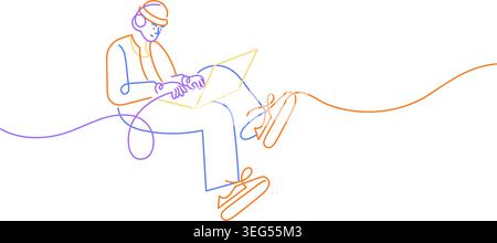 teen character enjoy digital lifestyle single line art hand drawn minimalism. young adult working on laptop enjoy digital nomad concept Stock Vector