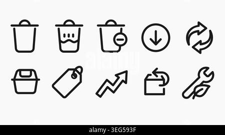 Outline icons for waste management, recycling, repairing, and circular economy concepts. Great for sanitation services, recycling guides. Stock Vector