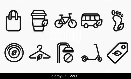 Minimalist outline icons depicting sustainable living, zero waste lifestyle, and green transportation. Ideal for eco-conscious blogs. Stock Vector