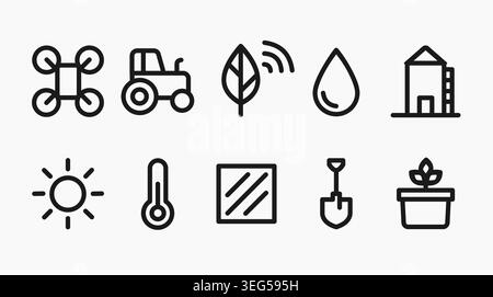 Outline icons showing smart farming, agritech, drones, tractors, and digital agriculture sensors. Perfect for agricultural technology website Stock Vector