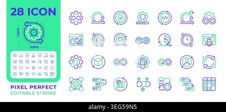 Continuous process pixel perfect two color line icons set Stock Vector