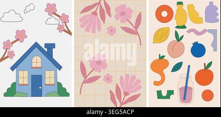 Collage of cute house, floral pattern, and fruit illustrations Stock Vector