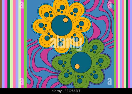Vibrant floral pattern with yellow and green flowers on blue background with pink swirls Stock Vector