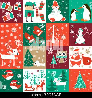 Christmas seamless pattern. Winter collage. Hand drawn winter background from doodle Christmas trees,  snowflakes, present box. Patchwork. Vector Stock Vector
