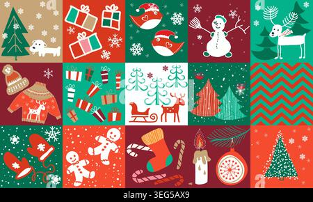 Christmas seamless pattern. Winter collage. Hand drawn winter background from doodle Christmas trees,  snowflakes, present box. Patchwork. Vector Stock Vector