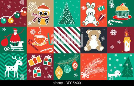 Christmas seamless pattern. Winter collage. Hand drawn winter background from doodle Christmas trees,  snowflakes, present box. Patchwork. Vector Stock Vector