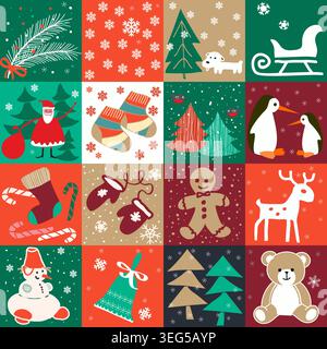 Christmas seamless pattern. Winter collage. Hand drawn winter background from doodle Christmas trees,  snowflakes, present box. Patchwork. Vector Stock Vector