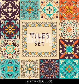 Set of tiles azulejos. Mediterranean tile, colorful seamless patterns. Spanish, Sicilian, Portuguese, Italian traditional ornaments. Vector Stock Vector