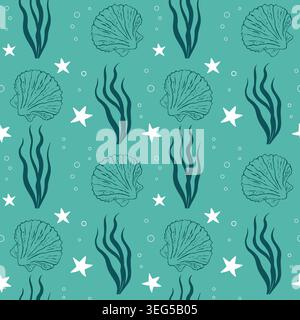 Seamless pattern with sea shells, seaweed and white starfish on a turquoise background for nautical bathroom decor, textile design and summer wrapping Stock Vector