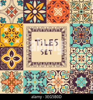 Set of tiles azulejos. Mediterranean tile, colorful seamless patterns. Spanish, Sicilian, Portuguese, Italian traditional ornaments. Vector Stock Vector