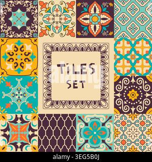 Set of tiles azulejos. Mediterranean tile, colorful seamless patterns. Spanish, Sicilian, Portuguese, Italian traditional ornaments. Vector Stock Vector