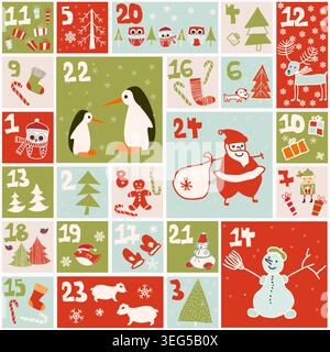 Cute hand drawn Christmas advent calendar. Countdown holiday calendar. Doodles. Surprise cards. Vector illustration Stock Vector