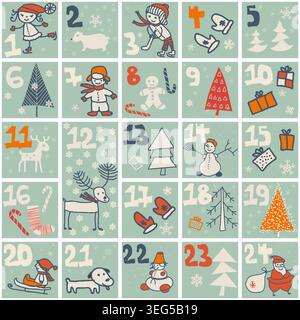 Cute hand drawn Christmas advent calendar. Countdown holiday calendar. Doodles. Surprise cards. Vector illustration Stock Vector