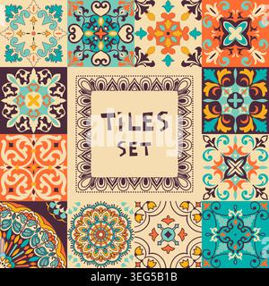 Set of tiles azulejos. Mediterranean tile, colorful seamless patterns. Spanish, Sicilian, Portuguese, Italian traditional ornaments. Vector Stock Vector