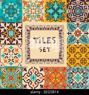 Set of tiles azulejos. Mediterranean tile, colorful seamless patterns. Spanish, Sicilian, Portuguese, Italian traditional ornaments. Vector Stock Vector