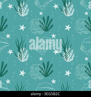 Seamless pattern with white corals, sea shells and starfish on a dark turquoise background for nautical nursery decor, summer textile and wrapping pap Stock Vector