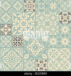 Seamless vintage patchwork. Azulejo tile. Vintage grunge fabric decor. Seamless carpet. Original traditional Portuguese and Spain decor. Vecto Stock Vector