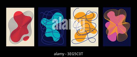 Minimalist liquid form illustration, linear topographic pattern, vibrant color palette, contemporary visual art set. Stock Vector