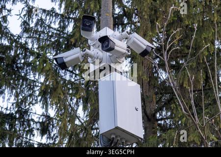 Multiple surveillance cameras are mounted on a pole in a forested area. They capture activities in the surrounding environment during the day. Stock Photo
