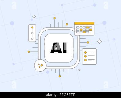 AI chip interface with machine learning system, neural computing architecture and automation controls. Artificial intelligence processing technology vector illustration. Stock Vector