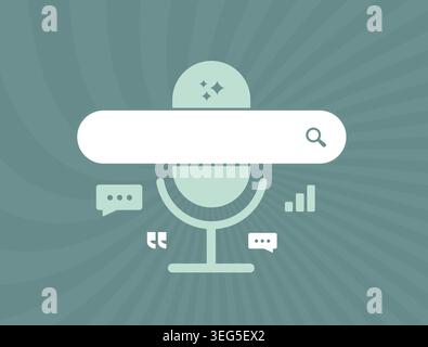 Voice search interface with microphone icon and digital assistant concept. Speech recognition, audio analytics and conversational AI technology vector illustration. Stock Vector