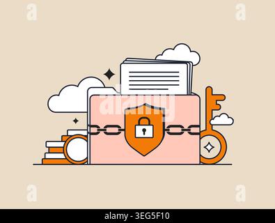 Financial security concept with encrypted storage, secure payment protection and blockchain transaction safety. Digital asset protection technology bold outline vector illustration. Stock Vector