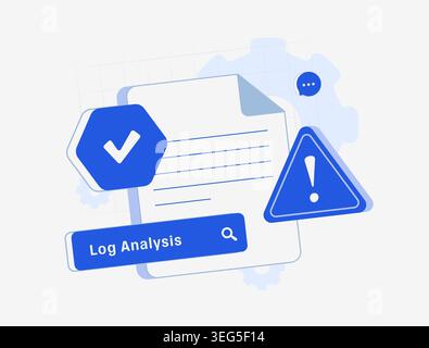 Log analysis interface with cybersecurity warning symbol and digital document. Security monitoring, threat detection and audit logging technology concept vector illustration. Stock Vector