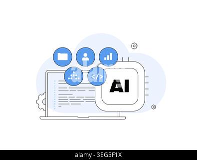 Agentic AI development dashboard with coding automation, machine learning workflow and software engineering interface. Vibe coding and AI assistant technology vector illustration. Stock Vector