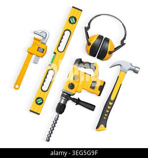 Assorted construction tools including drill, hammer, tape, wrench, and earmuffs isolated on white background with clipping path, concept of DIY Stock Photo