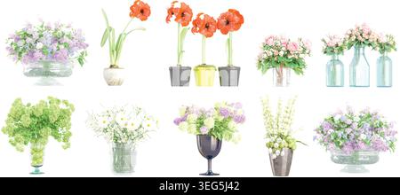 Collection of beautiful bouquets flowers in vases isolated on white background Stock Vector