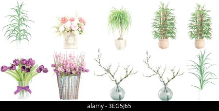 Indoor plants flat color illustrations set. Realistic houseplants in beige pot on metal stands Stock Vector