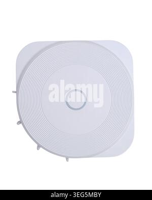 White smart home hub for wireless device control. Electronic gateway system for automation of house internet signal. Modern connection technology isol Stock Photo