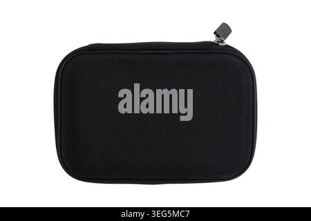 Black hard shell protective case isolated on white background. Small travel organizer pouch with zipper for electronic accessory, cable, or gear stora Stock Photo