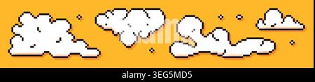 Four pixel game art white clouds on yellow background. Stock Vector