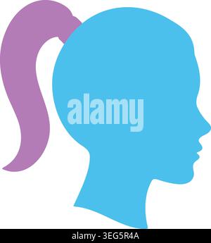 Illustration of a female side profile in blue with a high lavender ponytail and a minimalist facial outline. Stock Vector