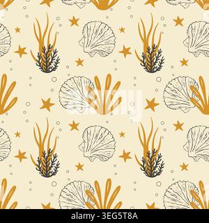 pattern with line art sea shells, mustard seaweed and orange starfish on a cream background for nautical kitchen textile, summer wrapping paper and be Stock Vector