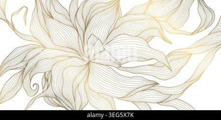 Luxury abstract floral pattern, art deco style, golden line flowers, leaves, botanical elements, Japanese ornament. Premium vector illustration Stock Vector