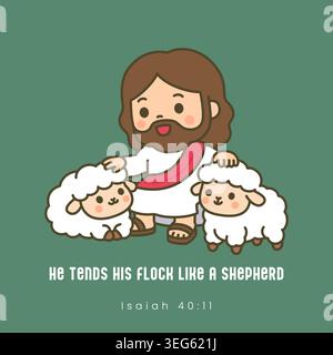 Kawaii Jesus sitting on rock petting two lambs with Bible verse He Tends His Flock Like A Shepherd on green background vector Stock Vector
