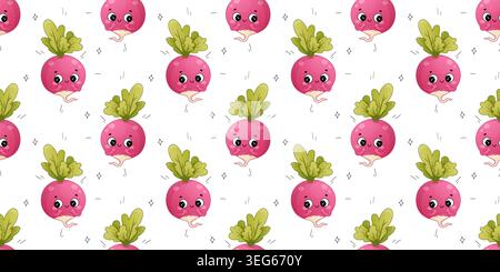 Cute seamless radish vegetable character pattern in kawaii cartoon style for kids and nursery design Stock Vector