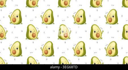 Cute seamless avocado vegetable character pattern in kawaii cartoon style for kids and nursery design Stock Vector